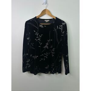 Vintage Notations Black Velvet Metallic Leaf Print Long Sleeve Top S Whimisgoth